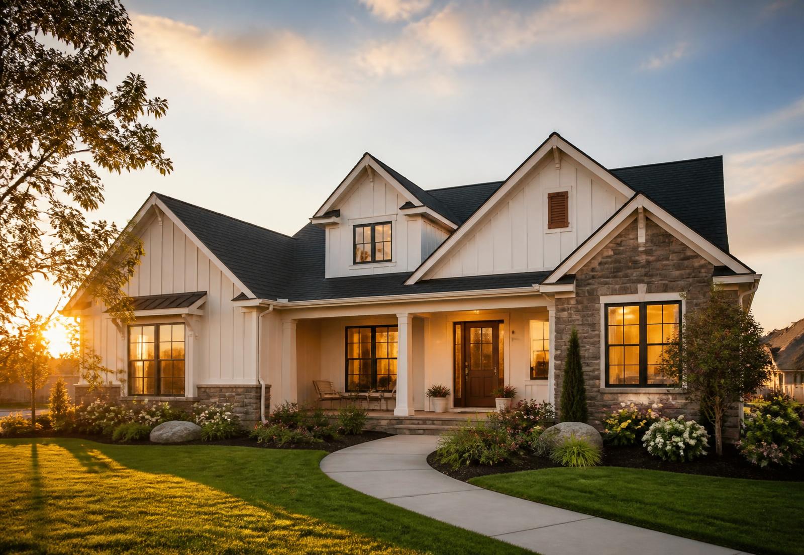 Well-kept suburban family home at golden hour